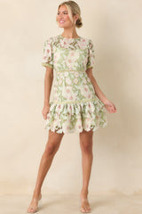 Petal Poetry Green & Pink Floral Lace Ruffle Mini Dress