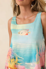 Paradisa Carrabelle Blue Multi Cotton Reef Print Mini Dress