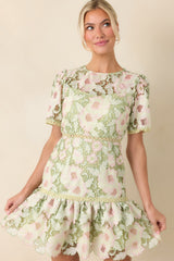 Petal Poetry Green & Pink Floral Lace Ruffle Mini Dress