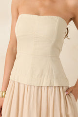 You Already Know Beige Cotton Bustier Bodice Strapless Midi Dress