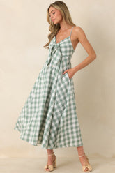 Meet Me in the Meadow Green Checked Cotton Lace Back Midi Dress