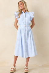 Simple Statement Sky Blue and White Stripe Button Front Midi Dress
