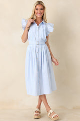 Simple Statement Sky Blue and White Stripe Button Front Midi Dress