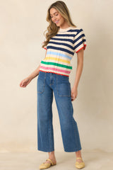 Vibes on High Navy Multi Stripe Knit Short Sleeve Top