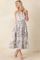 The Genevieve Cotton Navy Blue Toile Strapless Midi Dress