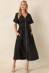 Let It Be Easy Black Smocked Waist Zip Maxi Dress