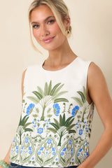 Capri Courtyard Ivory Multi Floral & Palm Sleeveless Top
