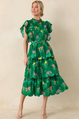 Prosperina Maris Green Multi Floral Cotton Tiered Ruffle Midi Dress