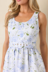 Prosperina Ava Light Blue Floral Cotton Belted Midi Dress