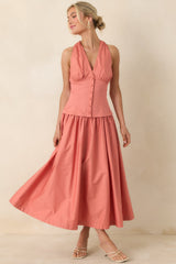 In the Warm Breeze Coral Orange Cotton Structured Bodice Sleeveless Midi Dress