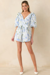Prosperina Atalanta Light Blue Floral Print Cotton Puff Sleeve Romper
