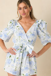 Prosperina Atalanta Light Blue Floral Print Cotton Puff Sleeve Romper