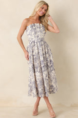 The Genevieve Cotton Navy Blue Toile Strapless Midi Dress