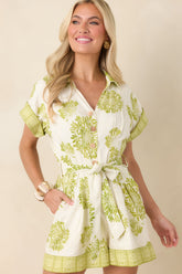 Aylaya Camila Ivory & Green Floral Print Belted Romper