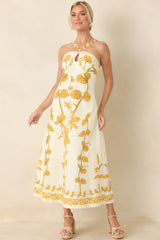 Aylaya Zoey Ivory & Honey Gold Floral Cotton Halter Neck Maxi Dress