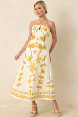 Aylaya Zoey Ivory & Honey Gold Floral Cotton Halter Neck Maxi Dress