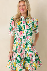 Prosperina Rayne Green & Pink Multi Floral Cotton Mini Dress