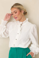 I Will Be Here White Eyelet Appliqué Detail Cotton Long Sleeve Blouse