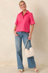 Color Me Confident Hot Pink Linen Blend V-Neck Top