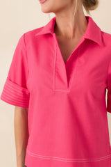 Color Me Confident Hot Pink Linen Blend V-Neck Top