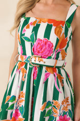 Prosperina Hampton Green Multi Floral Stripe Cotton Midi Dress