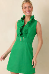Prosperina Mercedes Green Cotton Ruffle Belted Mini Dress