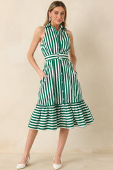 Prosperina Lourdes Green Stripe Cotton Sleeveless Midi Dress