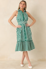 Prosperina Lourdes Green Stripe Cotton Sleeveless Midi Dress