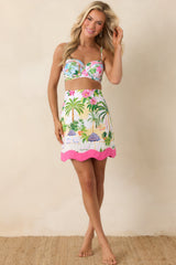 Paradisa Juno Pink Multi Cotton Linen Poolside Print Mini Skirt