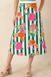 Prosperina Monroe Green Multi Floral Stripe Cotton Midi Skirt