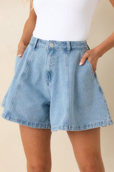 FRNCH Khoi Light Wash Textured Cotton Denim Shorts