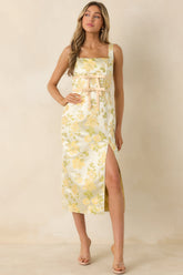 Golden Daydream Pale Yellow Floral Satin Midi Dress