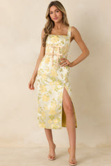 Golden Daydream Pale Yellow Floral Satin Midi Dress