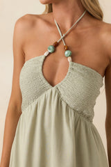 Life is But a Dream Sage Green Beaded Halter Midi Dress