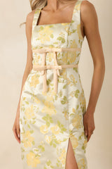 Golden Daydream Pale Yellow Floral Satin Midi Dress