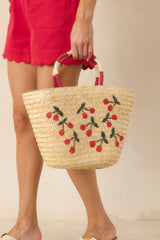 Happened So Sweetly Natural Woven Cherry Embroidered Tote Bag