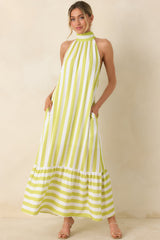 Make Your Move Chartreuse Green & White Stripe Halter Maxi Dress