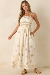 Toes In the Sand Ivory Embroidered Cotton Maxi Dress