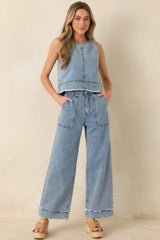 FRNCH Saphira Light Wash Cotton Denim Wide Leg Jeans