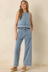 FRNCH Saphira Light Wash Cotton Denim Wide Leg Jeans