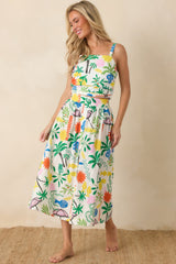 Paradisa Panama White Multi Cotton Coastal Resort Print Midi Skirt