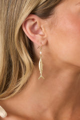 Reel Romance Gold & Pearl Fish Drop Earrings