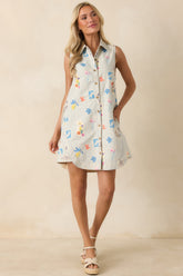 Field Notes Blue Multi Floral Stripe Cotton Mini Shirt Dress