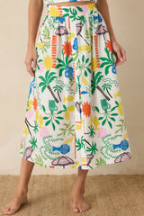 Paradisa Panama White Multi Cotton Coastal Resort Print Midi Skirt