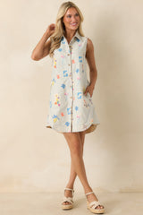 Field Notes Blue Multi Floral Stripe Cotton Mini Shirt Dress