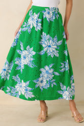 Just One of Those Days Green & White Floral Cotton Maxi Skirt