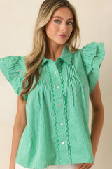 Stroll With My Sweetheart Green Gingham Cotton Flutter Sleeve Blouse