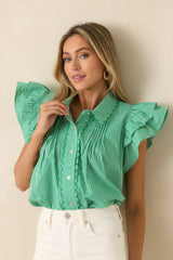 Stroll With My Sweetheart Green Gingham Cotton Flutter Sleeve Blouse