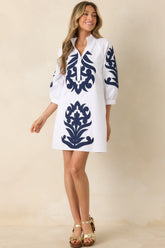 Bold Impressions White & Navy Contrast Detail Tunic Mini Dress