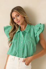 Stroll With My Sweetheart Green Gingham Cotton Flutter Sleeve Blouse